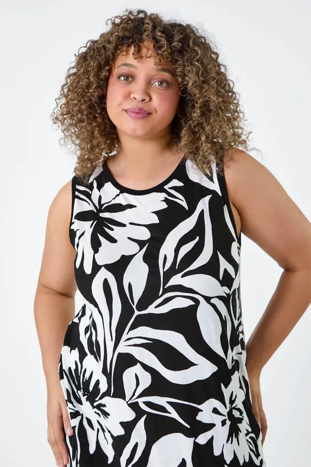 Women Black Curve Floral Print Stretch Maxi Dress Roman Dresses
