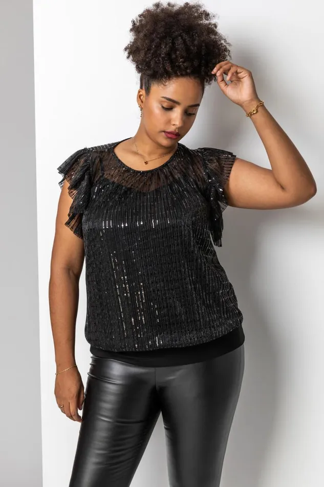 Women Black Curve Frill Plisse Blouson Top Roman Tops