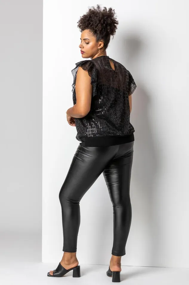 Women Black Curve Frill Plisse Blouson Top Roman Tops