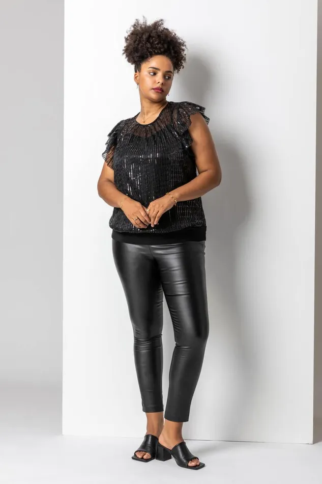 Women Black Curve Frill Plisse Blouson Top Roman Tops
