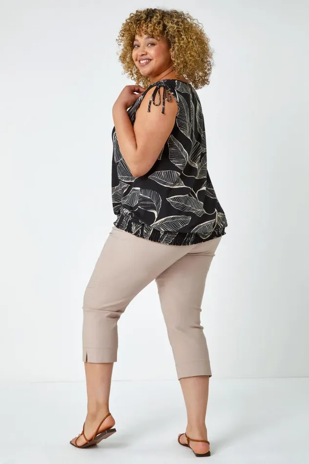 Women Black Curve Leaf Print VNeck Blouson Top Roman Tops