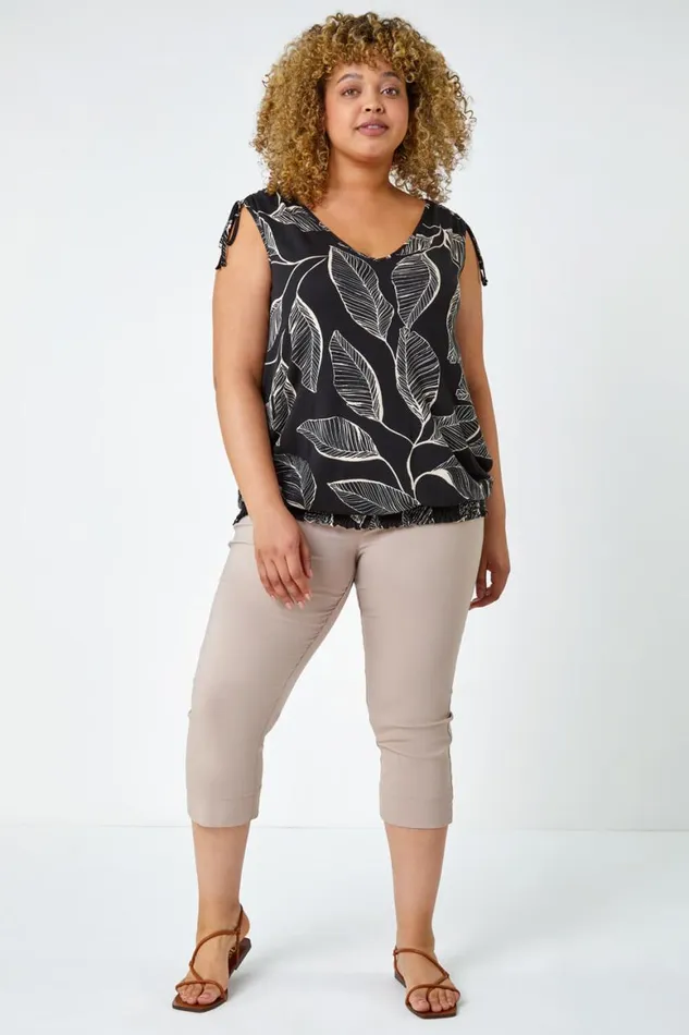 Women Black Curve Leaf Print VNeck Blouson Top Roman Tops
