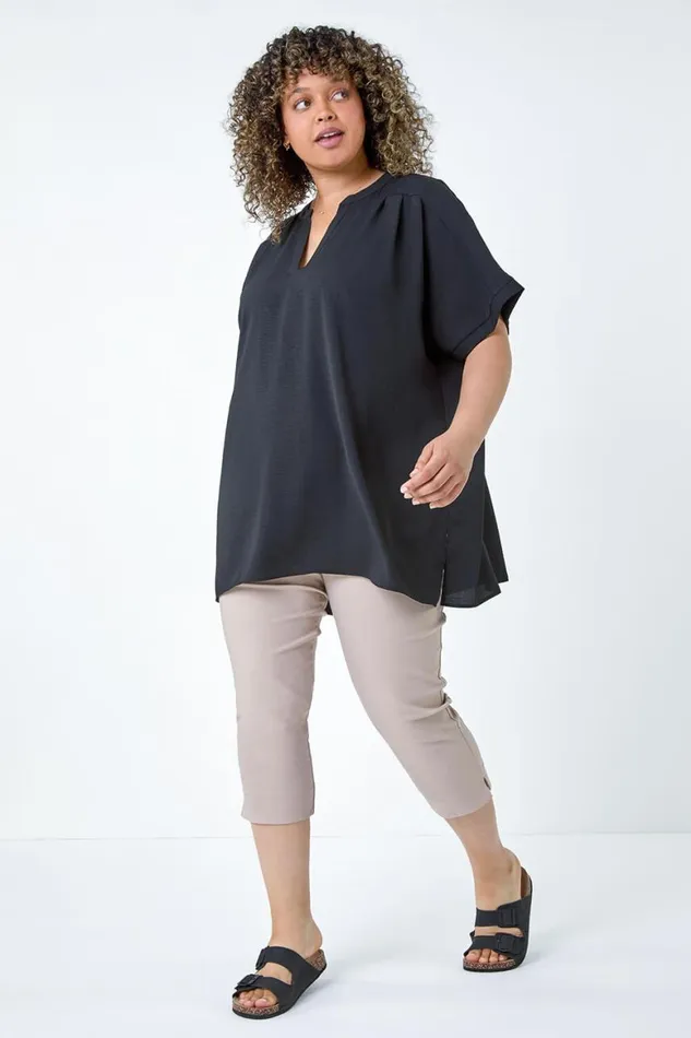 Women Black Curve Linen Look VNeck Longline Top Roman Tops