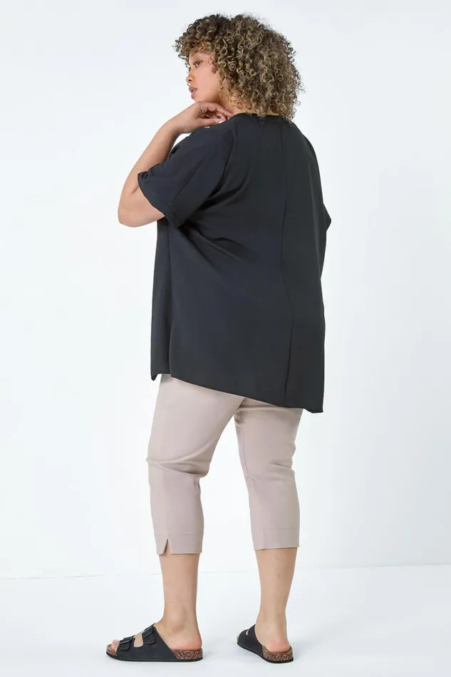 Women Black Curve Linen Look VNeck Longline Top Roman Tops
