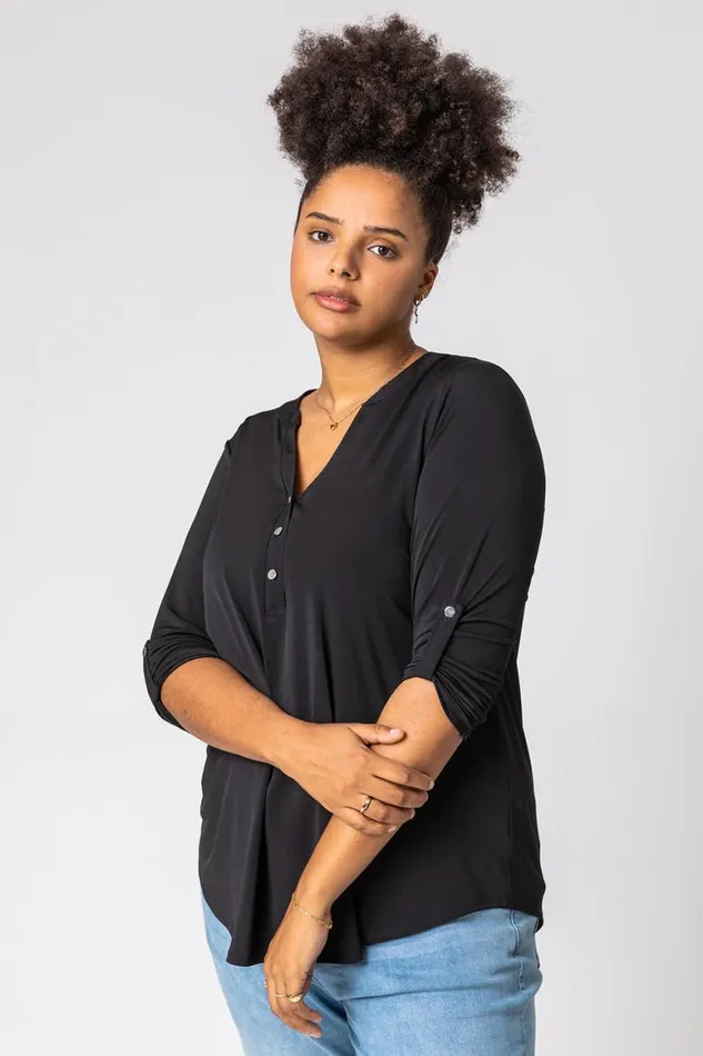 Women Black Curve Plain Button Detail Top Roman Tops