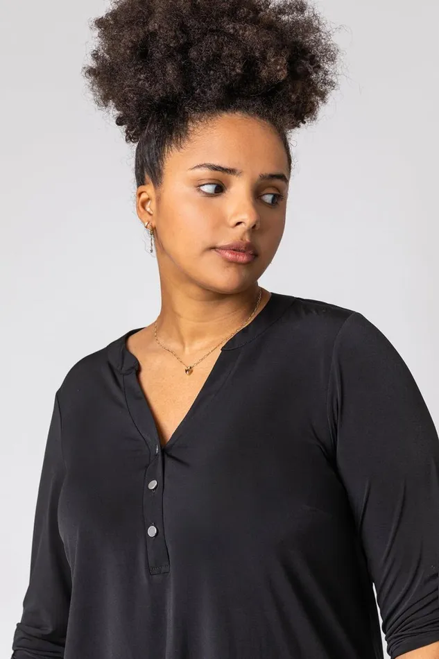 Women Black Curve Plain Button Detail Top Roman Tops
