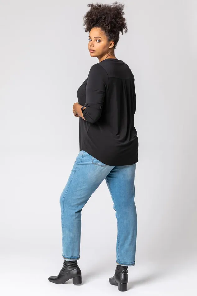 Women Black Curve Plain Button Detail Top Roman Tops