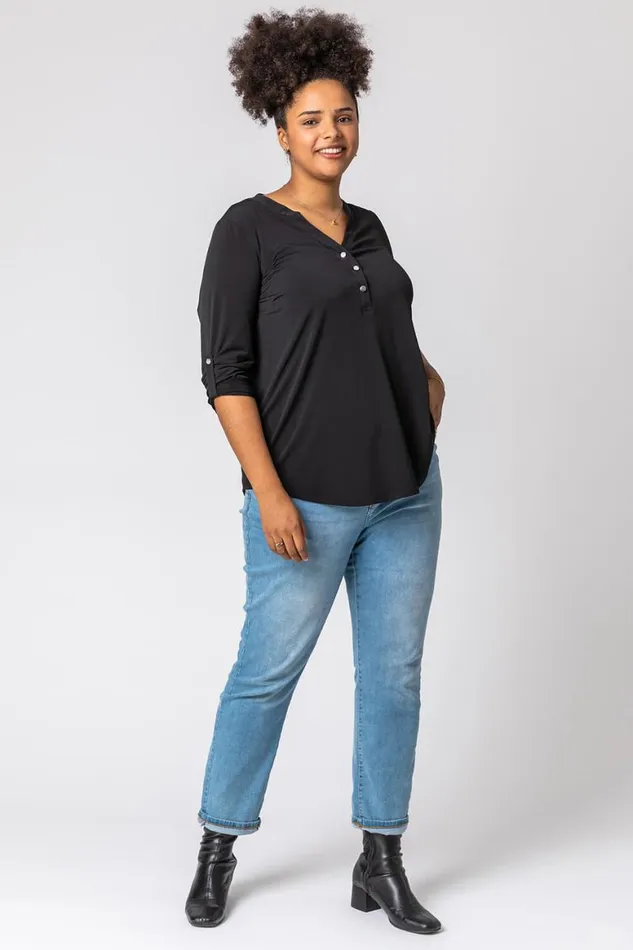 Women Black Curve Plain Button Detail Top Roman Tops