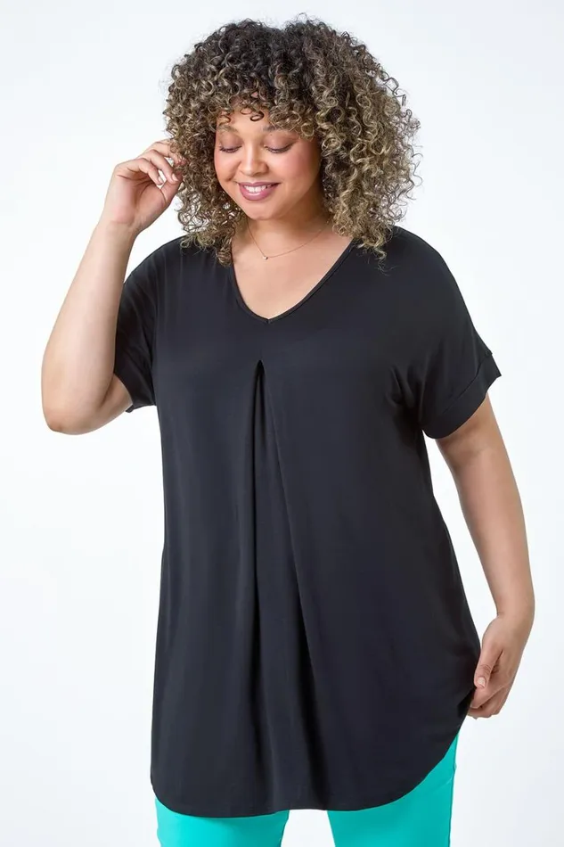 Women Black Curve Plain Pleat Front Tunic Stretch Top Roman Tops