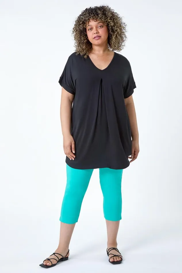 Women Black Curve Plain Pleat Front Tunic Stretch Top Roman Tops