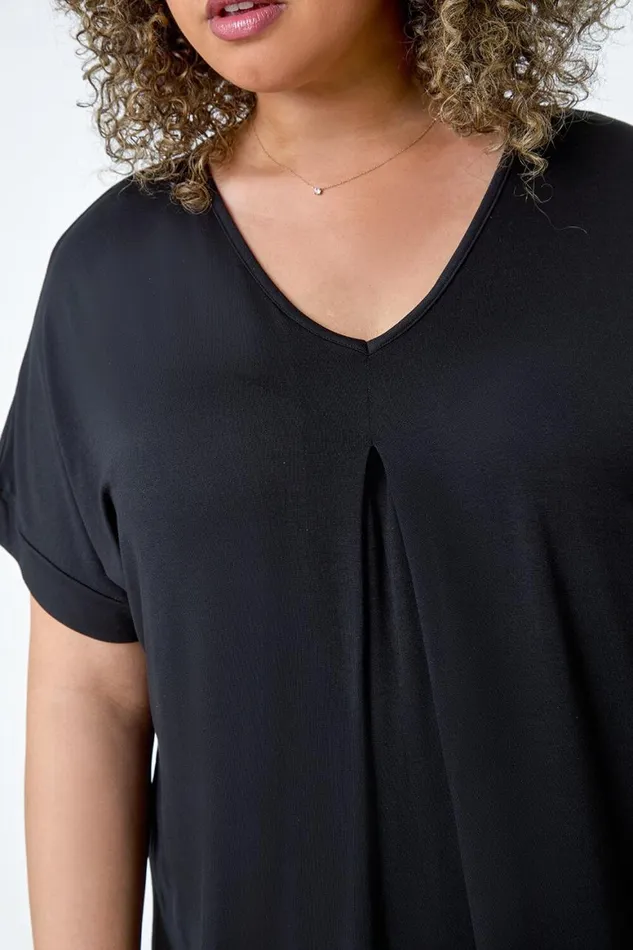 Women Black Curve Plain Pleat Front Tunic Stretch Top Roman Tops