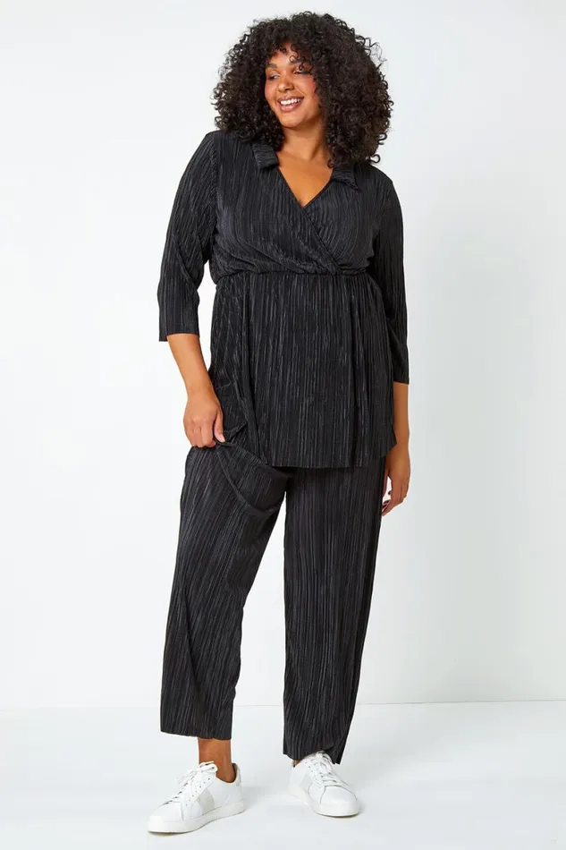 Women Black Curve Plisse Elastic Waist Wide Leg Trousers Roman Trousers
