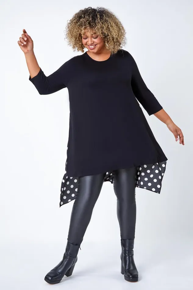 Women Black Curve Polka Dot Chiffon Stretch Top Roman Tops