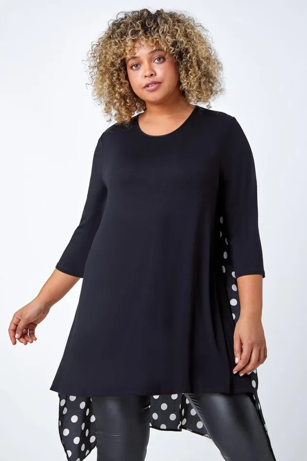 Women Black Curve Polka Dot Chiffon Stretch Top Roman Tops