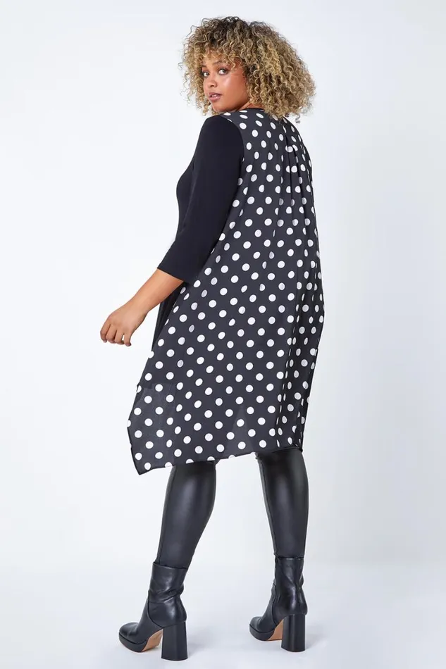 Women Black Curve Polka Dot Chiffon Stretch Top Roman Tops