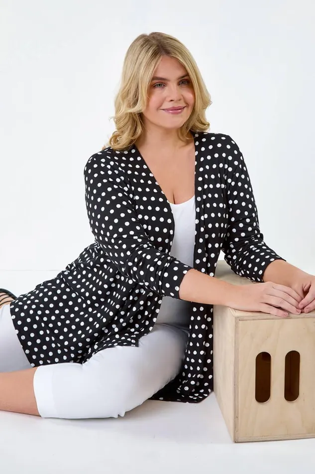 Women Black Curve Polka Dot Stretch Waterfall Cardigan Roman Knitwear