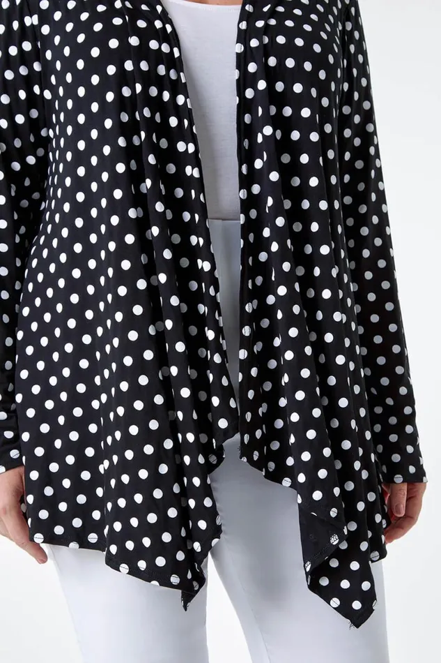Women Black Curve Polka Dot Stretch Waterfall Cardigan Roman Knitwear