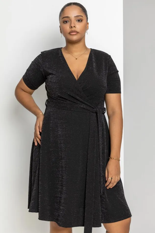 Women Black Curve Shimmer Wrap Dress Roman Dresses
