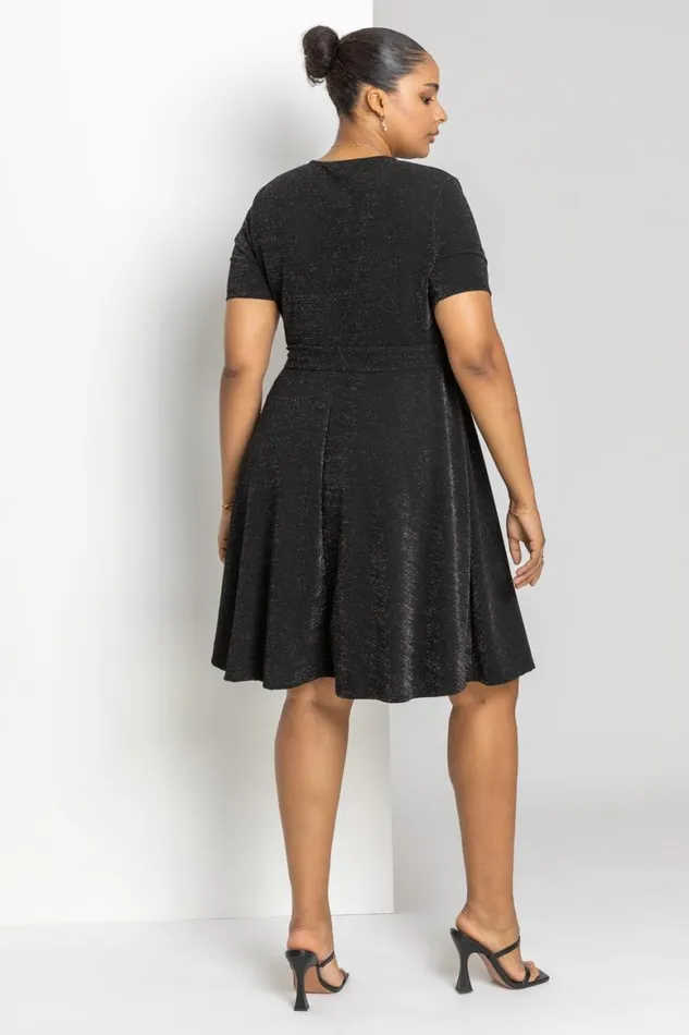 Women Black Curve Shimmer Wrap Dress Roman Dresses