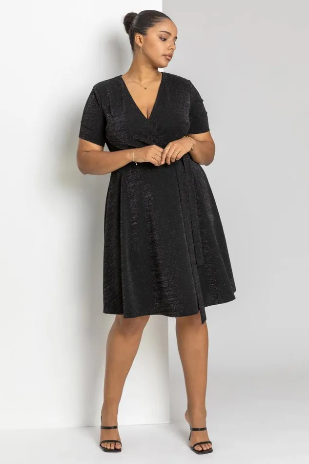 Women Black Curve Shimmer Wrap Dress Roman Dresses