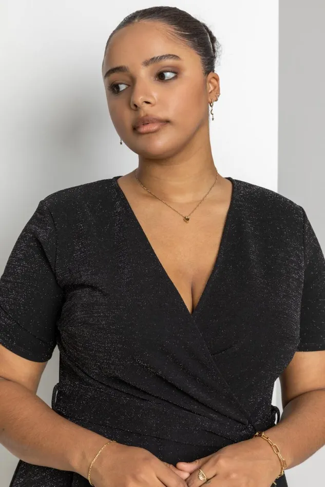 Women Black Curve Shimmer Wrap Dress Roman Dresses
