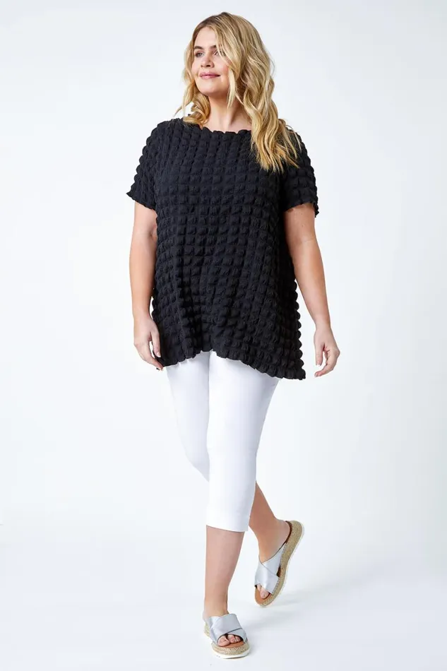 Women Black Curve Square Textured Stretch Top Roman Tops
