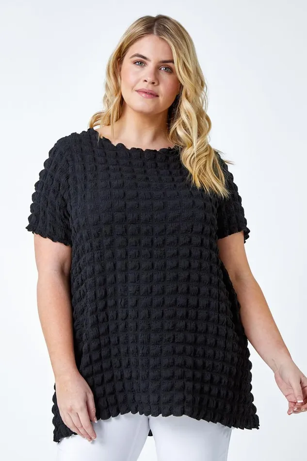 Women Black Curve Square Textured Stretch Top Roman Tops