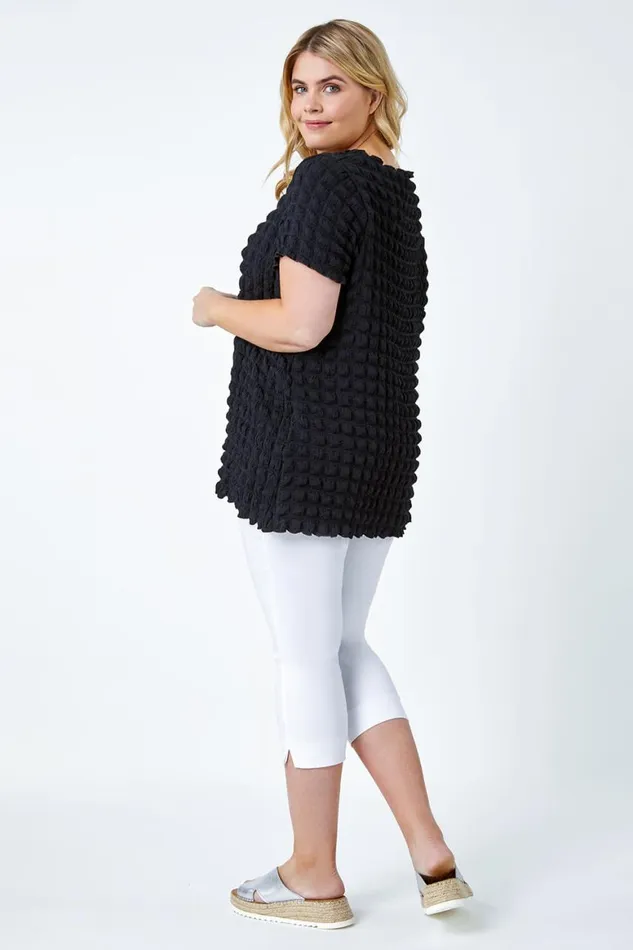 Women Black Curve Square Textured Stretch Top Roman Tops