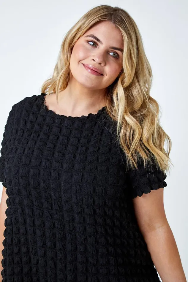 Women Black Curve Square Textured Stretch Top Roman Tops