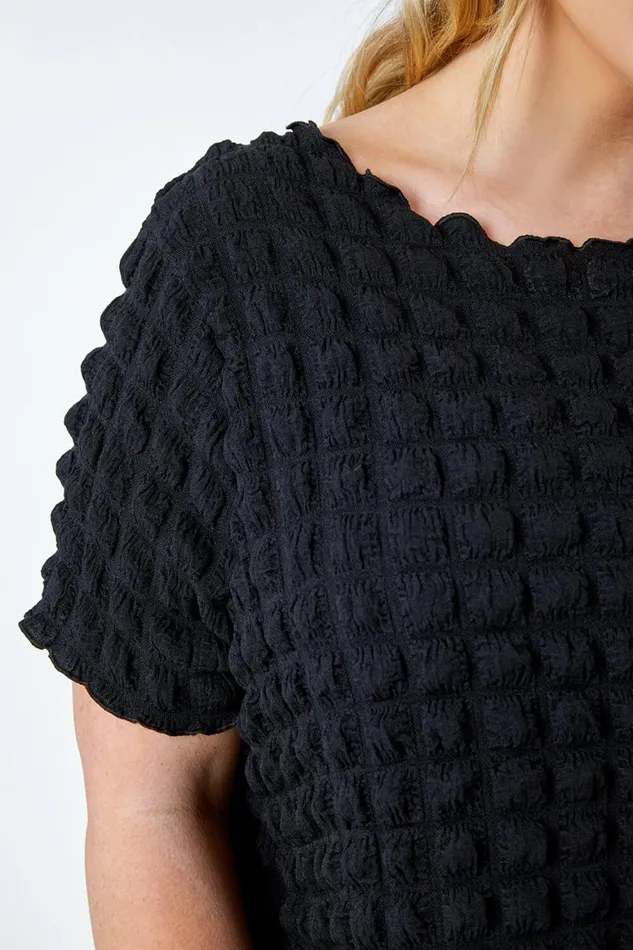 Women Black Curve Square Textured Stretch Top Roman Tops