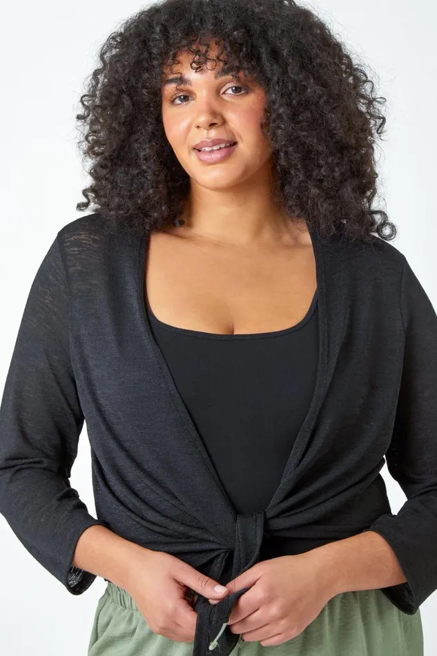 Women Black Curve Tie Front Stretch Cropped Cardigan Roman Knitwear