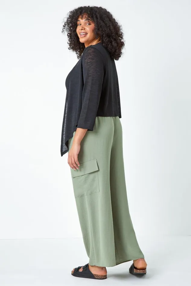 Women Black Curve Tie Front Stretch Cropped Cardigan Roman Knitwear