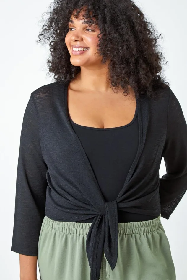 Women Black Curve Tie Front Stretch Cropped Cardigan Roman Knitwear