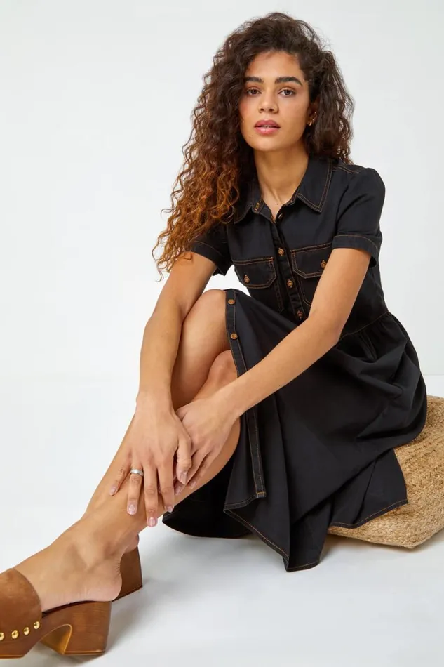 Women Black Denim Midi Shirt Dress Roman Dresses