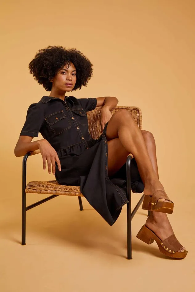Women Black Denim Midi Shirt Dress Roman Dresses