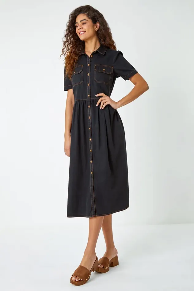 Women Black Denim Midi Shirt Dress Roman Dresses