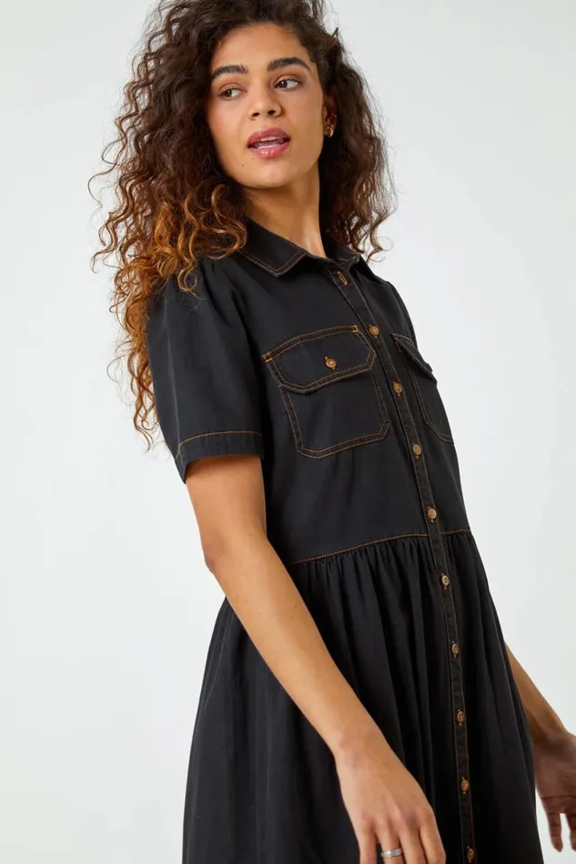 Women Black Denim Midi Shirt Dress Roman Dresses