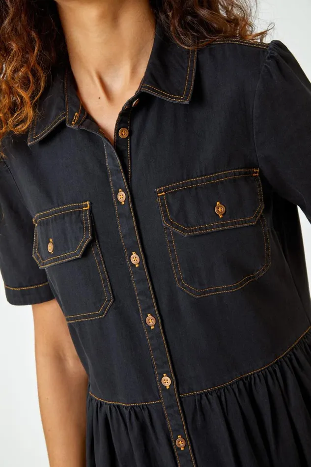 Women Black Denim Midi Shirt Dress Roman Dresses