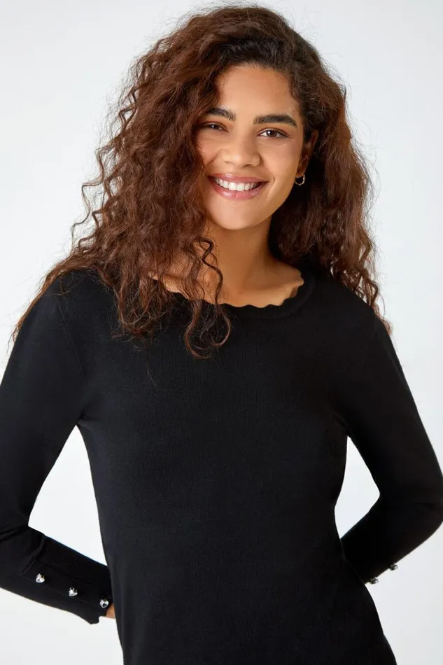 Women Black Diamante Button Scallop Edge Jumper Roman Knitwear