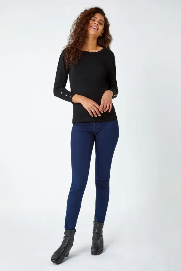 Women Black Diamante Button Scallop Edge Jumper Roman Knitwear