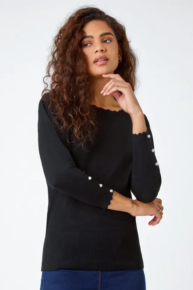 Women Black Diamante Button Scallop Edge Jumper Roman Knitwear