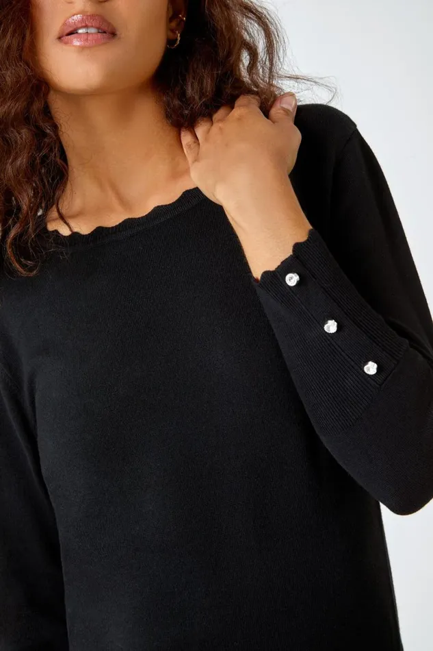 Women Black Diamante Button Scallop Edge Jumper Roman Knitwear
