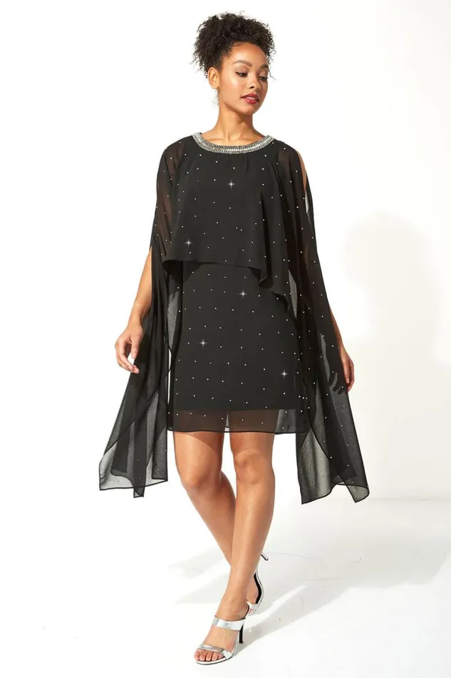 Women Black Diamante Embellished Split Sleeve Dress Roman Dresses