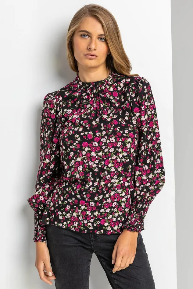 Women Black Ditsy Floral Frill Neck Blouse Roman Tops