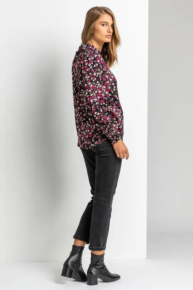 Women Black Ditsy Floral Frill Neck Blouse Roman Tops