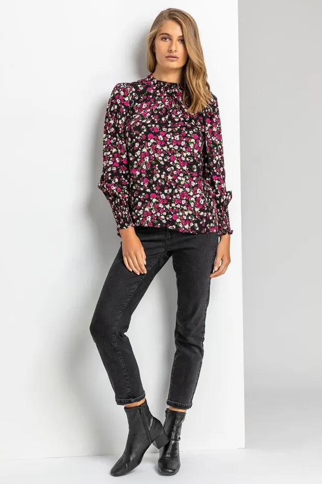 Women Black Ditsy Floral Frill Neck Blouse Roman Tops