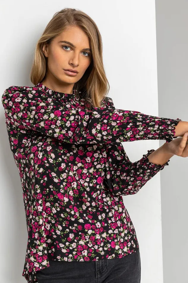 Women Black Ditsy Floral Frill Neck Blouse Roman Tops