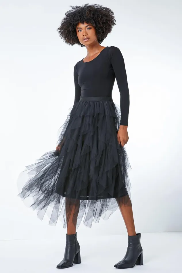 Women Black Elastic Waist Mesh Layered A Line Skirt Roman Occasionwear
