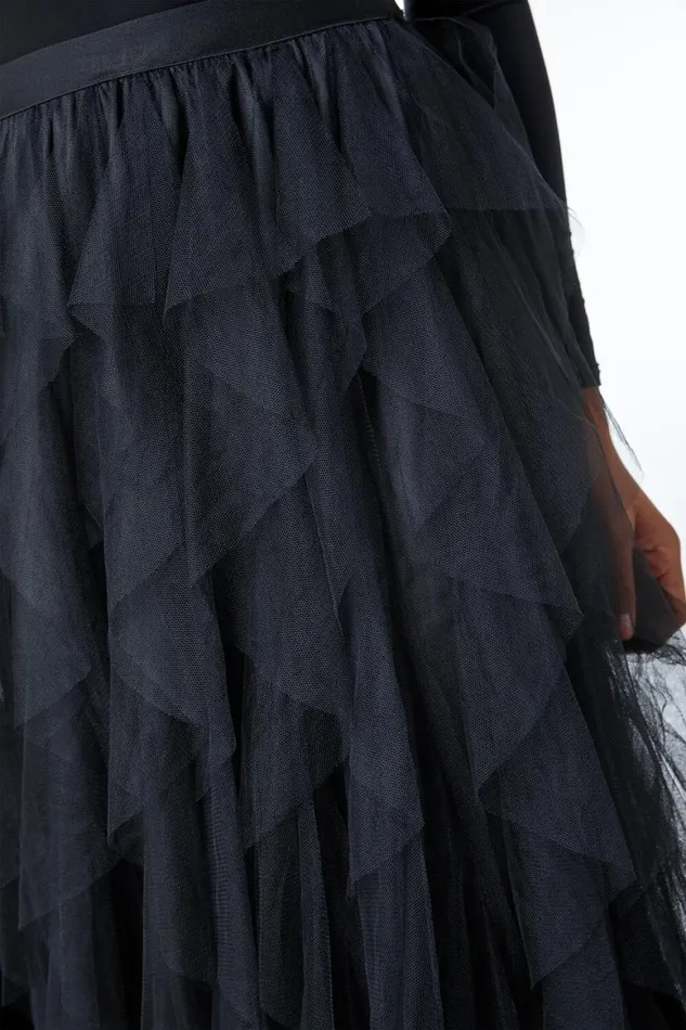 Women Black Elastic Waist Mesh Layered A Line Skirt Roman Occasionwear