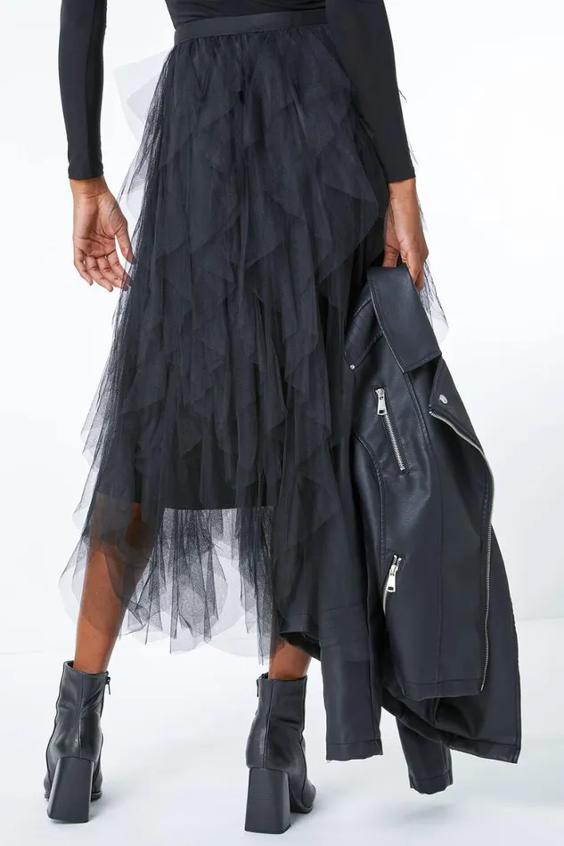 Women Black Elastic Waist Mesh Layered A Line Skirt Roman Occasionwear